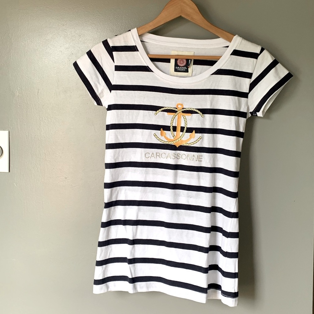 Gazzoil France “Carcasonne’ Chanel Style Striped Sequin Short Sleeve Top Shirt